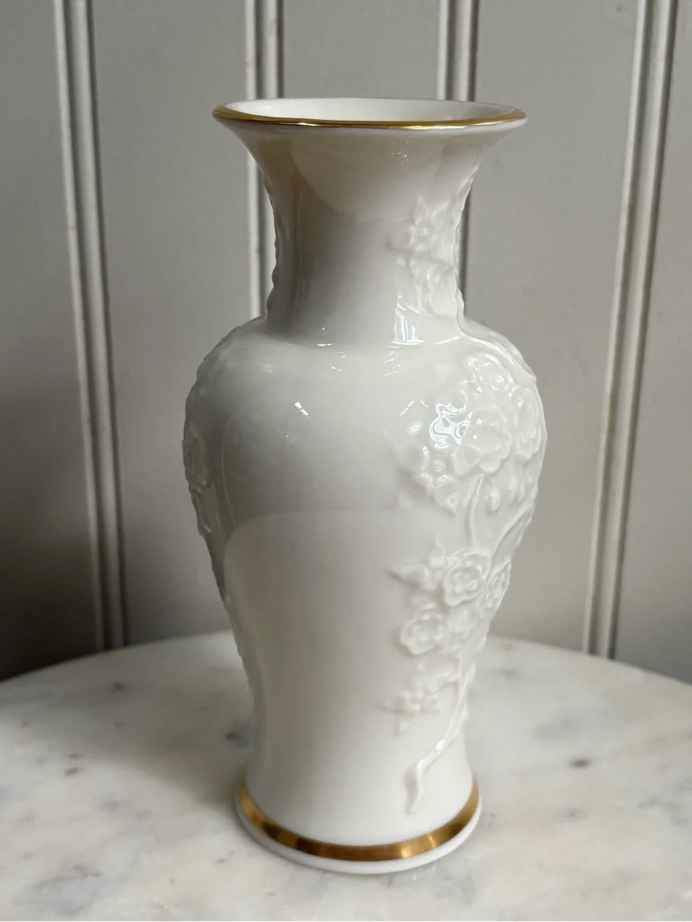 Vintage Lenox Ming Blossom Ivory Porcelain Bud Vase Embossed Floral 24k Gold VTG